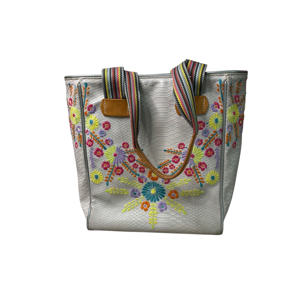 Consuela Sugar Classic Tote White Snakeskin Floral Embroidered Bag